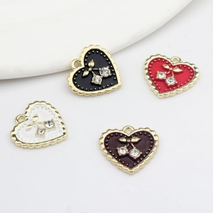Fashion Alloy Heart Cherry Pendant With Rhinestone Enamel DIY Jewelry Finding For Necklace Earring Making Women Accessory