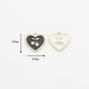 Dainty 18mm heart cherry pendant with rhinestones in black and white enamel finish