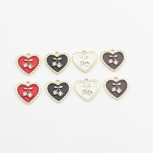 Eight enamel heart pendants with rhinestone cherries in gold alloy for DIY jewelry making