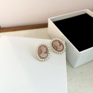 French vintage cameo earrings with pink relief portrait and pearl border on gold metal