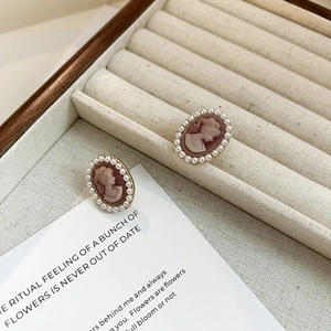 French vintage portrait earrings with pearls and 925 silver needles for women