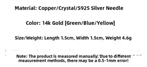 Detailed technical specifications for crystal earrings showing material dimensions and weight
