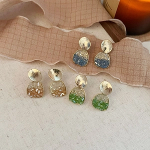 Boucles d'Oreilles Pendantes Géométriques en Or Brossé Vintage Avec Tige en Argent Sterling 925 Résine Cristal Larme Boucles d'Oreilles Femme Bijoux