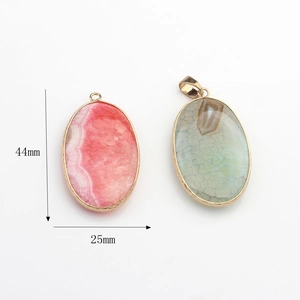 Oval natural agate pendants with gold metal edges for necklaces, size 44mm x 25mm