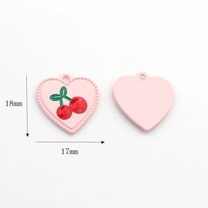 Pink heart pendant with cherry print and 18x17mm dimensions for DIY jewelry making