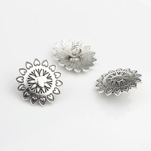 Set of three vintage silver alloy heart flower buttons with retro engraved sunburst pattern