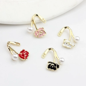 DIY Retro Rose Flower Artificial Pearl Alloy Enamel Pendant For Earring Making European Fashion Jewelry Findings Accessories For Women Pink White Red Black