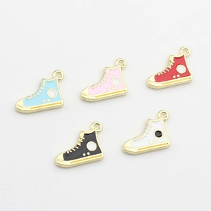 Set of five colorful mini high-top sneaker charms with gold-tone enamel for DIY jewelry making