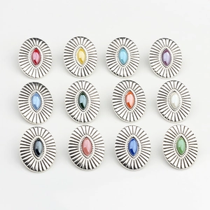 Set of 12 vintage silver alloy oval buttons with colorful marquise resin stones
