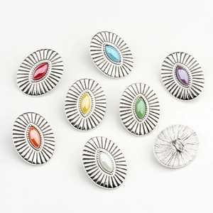 Vintage zinc alloy oval buttons with colorful horse-eye stones and radial engraved textures