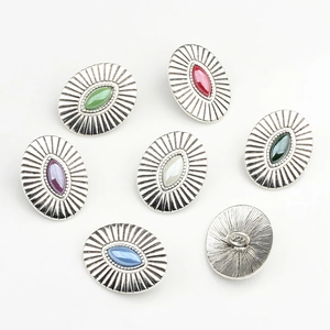 Set of 7 vintage oval zinc alloy buttons with antique silver finish and colored gemstones