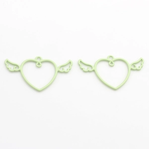 Detail of light green matte alloy heart wing open bezel pendants for DIY jewelry making