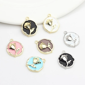 Alloy Rose Flower Round Enamel Pendant DIY Jewelry Findings For Necklace Earring Bracelet Making Small Floral Component