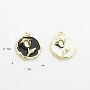 Pair of round alloy rose flower pendants with enamel finish, sizes 21mm and 18mm