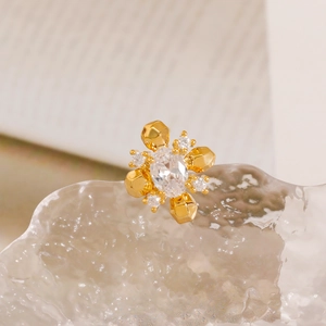 Sparkling geometric flower brooch with oval zircon and delicate gold finish accents