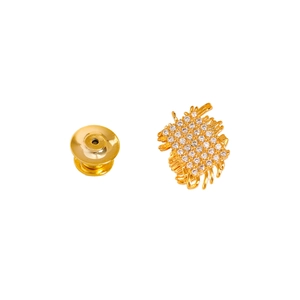 Luxurious gold woven geometric brooch featuring sparkling zircons on white background