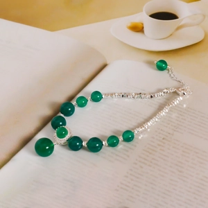 Nueva Pulsera de Cuentas de Ágata Verde Retro China para Mujer Cadena Ajustable Plateada Joyería de Lujo con Circonia Incrustada