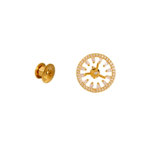 Elegant gold clock-shaped brooch with pave-set zircon crystals and butterfly clasp