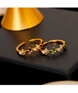 Détails de bagues dorées ajustables avec papillons en émail coloré et petits strass brillants