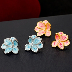 Vintage Enamel Flower Stud Earrings With 925 Sterling Silver Earring Post For Women Copper Gold Silver Floral Jewelry