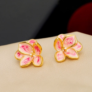 Vintage enamel flower earrings in pink and gold finish for women's spring jewelry style