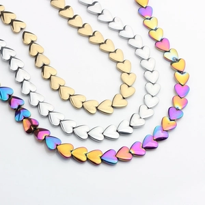 10mm heart-shaped hematite beads in gold, silver, and rainbow finishes for DIY jewelry