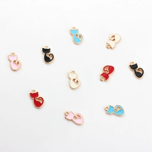 Set of colorful cat enamel charms in gold alloy plating for DIY jewelry making