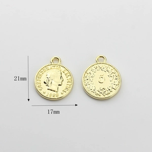 Detail showing front and back of 17mm gold coin pendant with queen portrait and wreath
