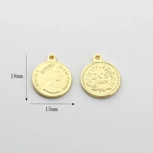 Detail view of 18mm and 15mm gold alloy queen portrait coin charms for DIY earrings