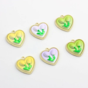 Pendentifs tulipe en émail en forme de cœur, jaune, violet et vert pour bijoux DIY