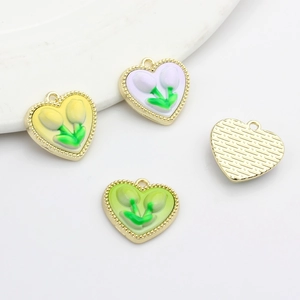 Charmants pendentifs tulipe en forme de cœur avec bords perlés dorés pour bijoux DIY