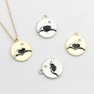 Alloy Round Hand Heart Pendant With Rhinestone Black Enamel Hand Gesture Charms For DIY Necklace Bracelet Jewelry Making