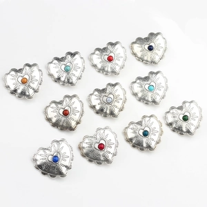 Set of 11 vintage silver heart-shaped metal buttons with ethnic patterns and colorful beads