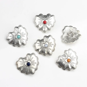 Vintage silver heart-shaped lace concho buttons with colorful stone inlays for DIY jewelry