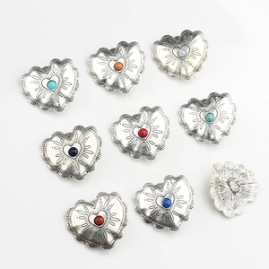 Vintage silver heart conchos with assorted gemstones for DIY leathercraft and sewing projects