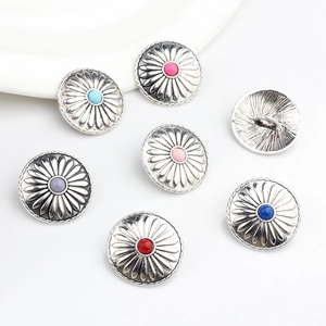 Vintage silver alloy flower buttons set with colorful gemstones and back shank details