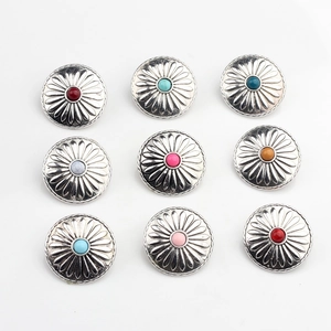 Antique silver sunflower concho buttons with colorful stone inlay for DIY crafts
