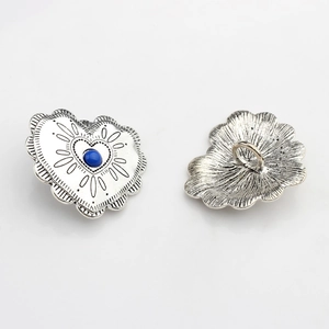 Detailed front and back view of retro silver heart buttons with blue center stones for DIY