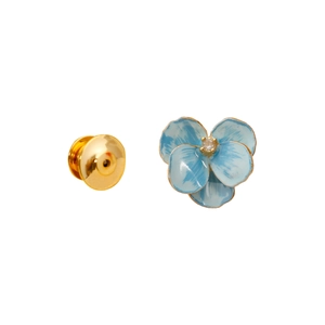 Blue enamel iris flower brooch with golden edges and a sparkling central crystal