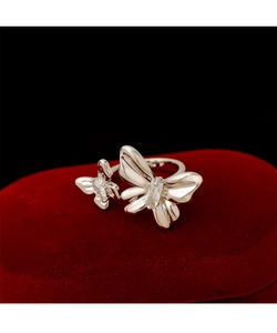 Détail macro d'une bague papillon en argent avec zircons sur velours rouge