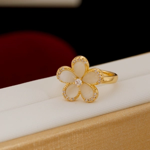 Elegant Camellia Flower Copper Ring For Women Real Gold Plated Inlaid Zirconia Cat Eye Stone Adjustable Open Finger Ring