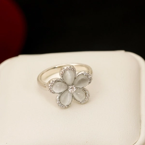Cat eye opal flower ring with silver band and sparkling crystals for women
