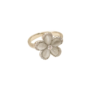 Elegant gold flower ring with cat eye stone petals and zircon accents in 45-degree view
