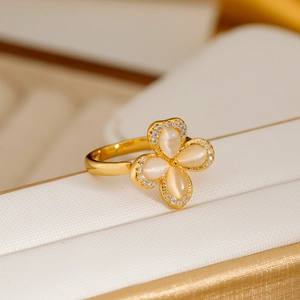 Fashion Copper Cat Eye Stone Flower Open Ring For Women Gold Silver Real Gold Plated Zirconia Inlaid Adjustable Ring Gift