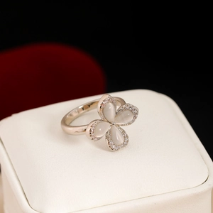 Elegant cat eye stone four-leaf flower open ring with zircon accents in silver finish