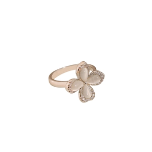 Opal four-leaf flower open ring in gold with sparkling crystals for women