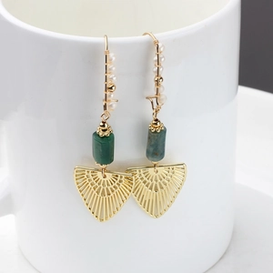 Retro hollow triangular fan-shaped earrings with gold plating and white pearl accents