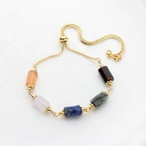 Adjustable gold plated box chain bracelet with five colorful rectangular gemstone beads