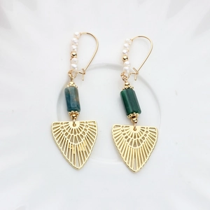 Detail of vintage 14K gold plated earrings with green stone bead and fan charm
