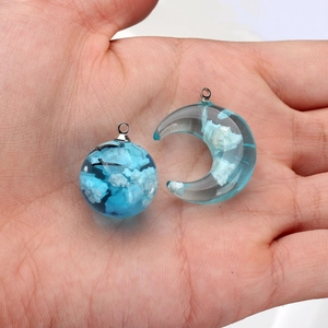 Blue sky and white cloud resin moon and sphere pendants with silver metal hoops